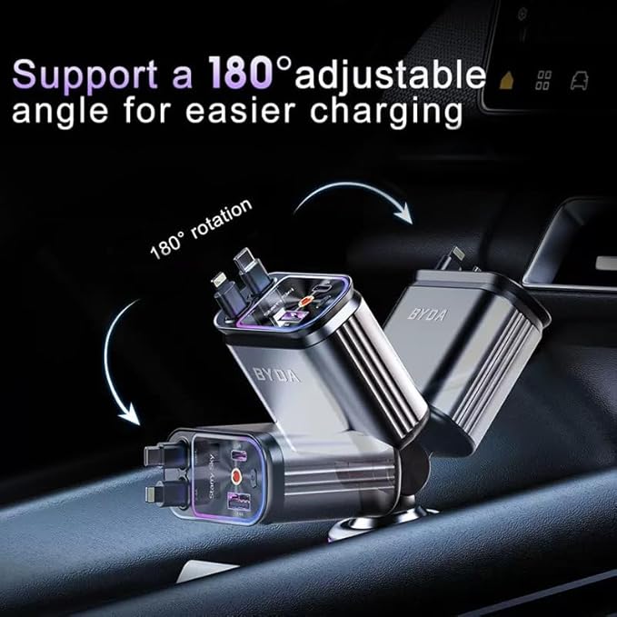 Fast Car Charger 4 in 1 Retractable Car Charger 69W with Starry Light,USB-C Fast Car Accessories,Compatible with All iPhones All Android Phones (Grey, Dual Cord USB-C)