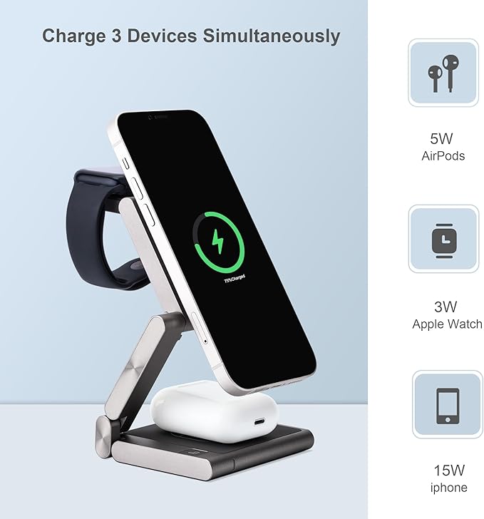 Fast Wireless Charging Station, Foldable for Travel w/Light, Modern All Aluminum Alloy Body, 4 in 1 Charger Compatible with MagSafe for Apple iPhone 16/15/14/13/12, AirPods and Apple Watch [Silver]