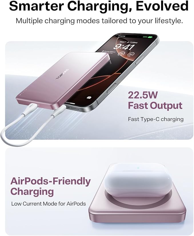 TORRAS MiniMag Power Bank,Ultra-Slim 10,000mAh Magnetic Wireless Portable Charger, 22.5W Fast Charging iPhone Air Magnetic Battery Pack Designed for iPhone 17 Pro Max/17 Pro/Air/16/15/14/13/12, Pink