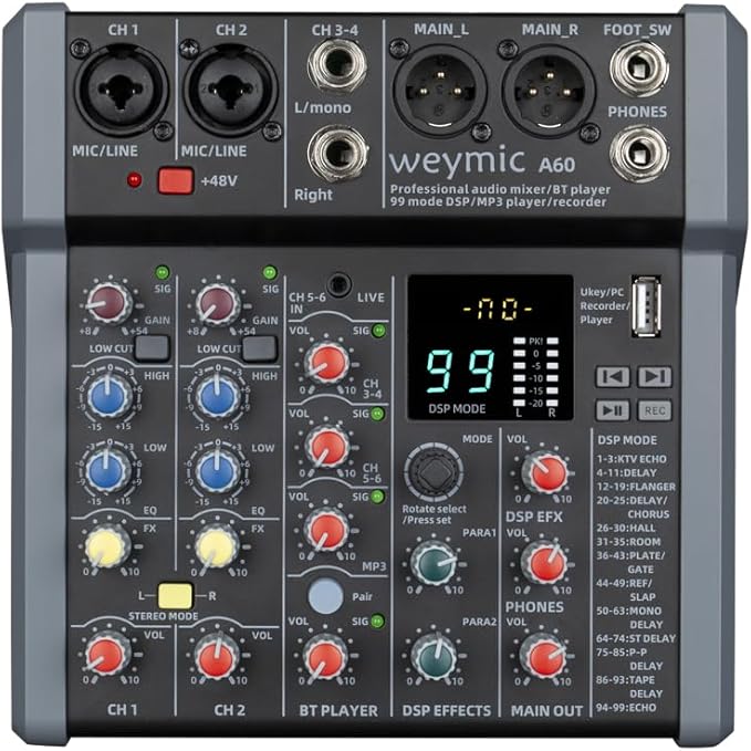 A-Series Professional Mixer for Recording DJ Stage Karaoke Music Application w/ 99 DSP Effect USB Drive for Computer Recording Input, XLR Microphone Jack, 48V Power for Professional (6-Channel)