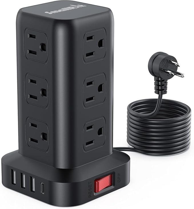Surge Protector Power Strip Tower,10FT Extension Cord with Multiple Outlets, 12 AC 4 USB (1 USB C)，Mini Power Strip with USB Ports, Surge Protector Tower Overload Protection for Office, Desk
