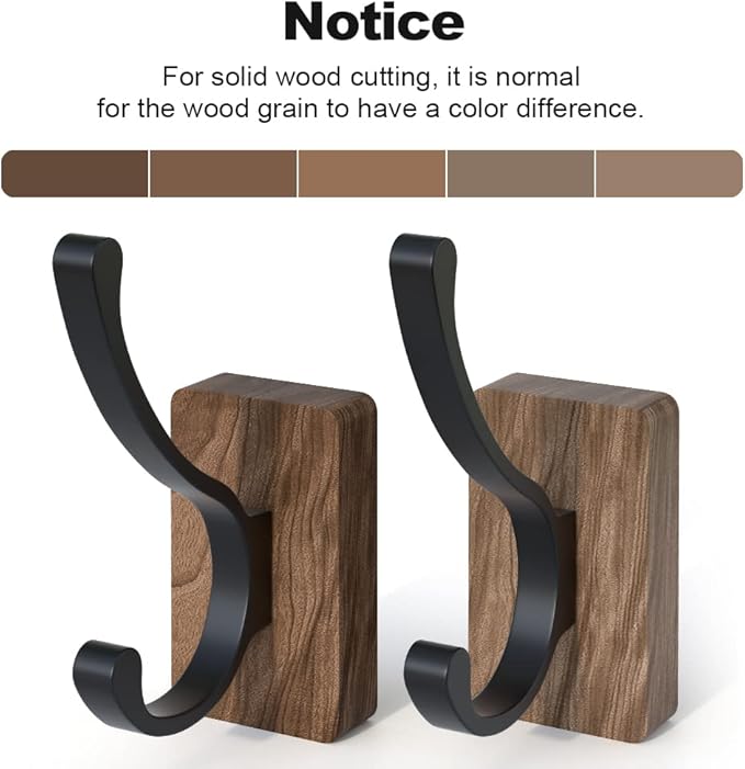 4 PCS Black Walnut Wood Wall Hooks Adhesive Mounted & Wall Mounted Rustic Decorative Entryway Hooks Mid Century Modern Natural Wooden Pegs for Hanging Coat Clothes Hat Bag Purse and Towel