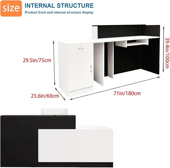 Reception Desk with Counter Modern Checkout Counter with Lockable Drawer Keyboard Tray Receptionist Desk for Office Salon Reception Table C Right 71inch/180cm
