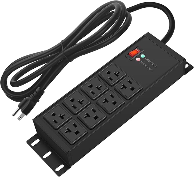 CCCEI Black Heavy Duty Power Strip Surge Protector 20 AMP, 8 Outlets 12 Gauge Industrial Shop Garage Metal Multiple Outlets, 25 FT Extension Cord 5-15P Adapter High Amp 6-20R T-Slot 20a for Appliance