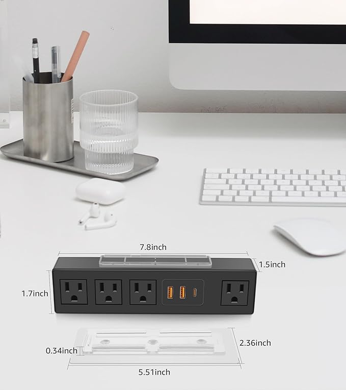 HHSOET Under Desk Power Strip with 3M Adhesive, Removable Under Desktop Mount Plug with 30W Fast Charging USB C and USB A Ports, 4 Outlet Under Table Surge Protector 1200J, 6FT Extension Cord. (Black)