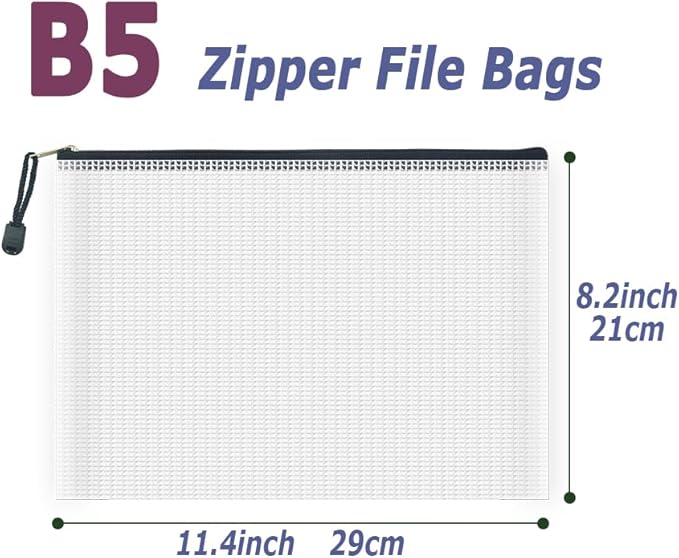 AUSTARK 10 Pcs Zipper File Bags, Waterproof Plastic Mesh Pouch for Office School, Board Game Storage Bags (B5 Size 11.4''x8.2'', White and Black)