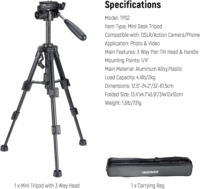 NEEWER Basic Mini Desk Tripod for Camera with 3 Way Pan Tilt Head & Handle, Small Portable Metal Tabletop Selfie Stick Stand with 1/4" Screw for DSLR Vlog Video Recording, Max Load 13.2lb, TP02