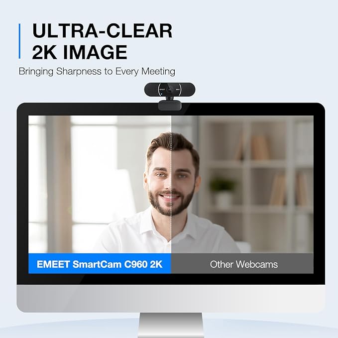 EMEET C960 2K Webcam with Microphone, 2K QHD, 2 Noise-Reduction Mics, TOF Autofocus Streaming Webcam with Privacy Cover, Plug&Play USB Webcam for Calls/Conference, Zoom/Skype/YouTube, Laptop/Desktop