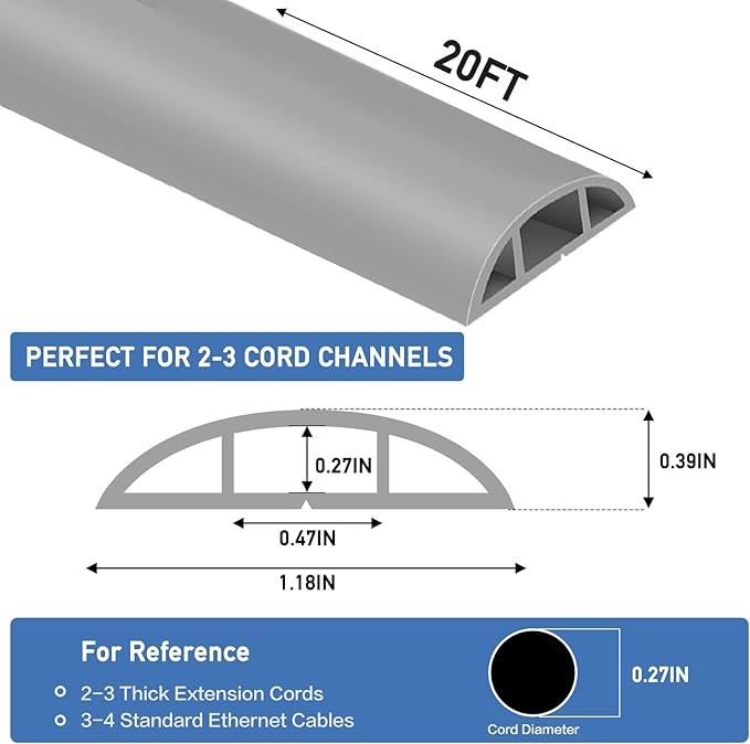 Floor Cord Cover Self Adhesive Cord Hider Floor Extension Cord Covers for Floor Power Cord Protector Cable Management Prevent Cable Trips Cable Cavity 0.47" W x 0.27" H (Grey, 20Ft)
