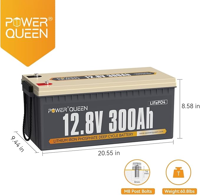 Power Queen 12V 300Ah Deep Cycle Battery, LiFePO4 Lithium Battery, Max.3840Wh, Built-in 200A BMS, Up to 15000 Cycles, 10-year Lifespan for Solar Energy Storage, Backup Power, RV, Camping