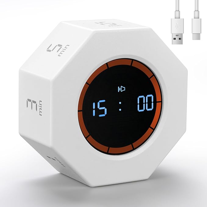 Rechargeable Pomodoro Timer, 8-Angle Auto-Rotating Screen with Gravity Sensor, Digital Timers for Classroom, Small Kitchen Timers for Cooking, Work and Study (Pearl White)