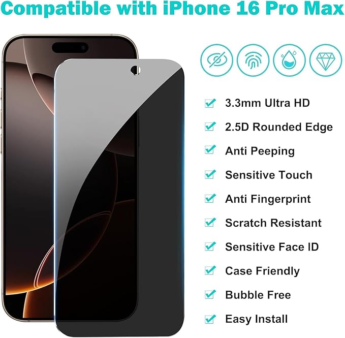 3 Pack for iPhone 16 Pro Max Privacy Screen Protector + 2 Camera Lens 9H+ Full Cover Tempered Glass Auto Alignment Kit 12FT Military Grade Shatterproof Anti Spy Longest Durable 6.9