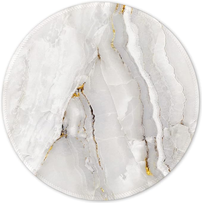 ITNRSIIET Round Mouse Pad with Stitched Edge Premium-Textured Waterproof Non-Slip Rubber Base Desktop Protection Mat Diameter 8.7 inches, White Textured Marble