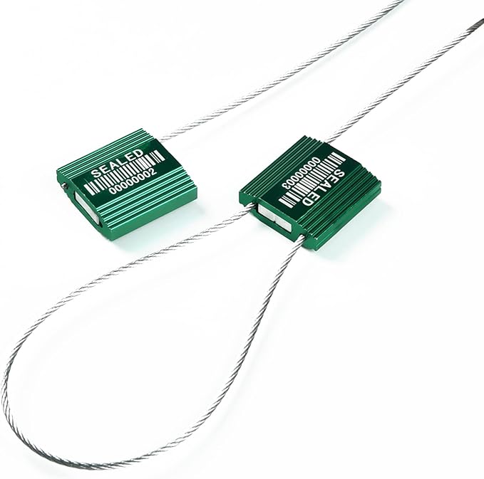 50 Green High Security Cable Seals with Barcode Pull Tight Numbered Steel Security Seals Metal Container Seals Anti-Tamper Shipping Self-Locking Tags for Logisitics ISO 17712 Certificated