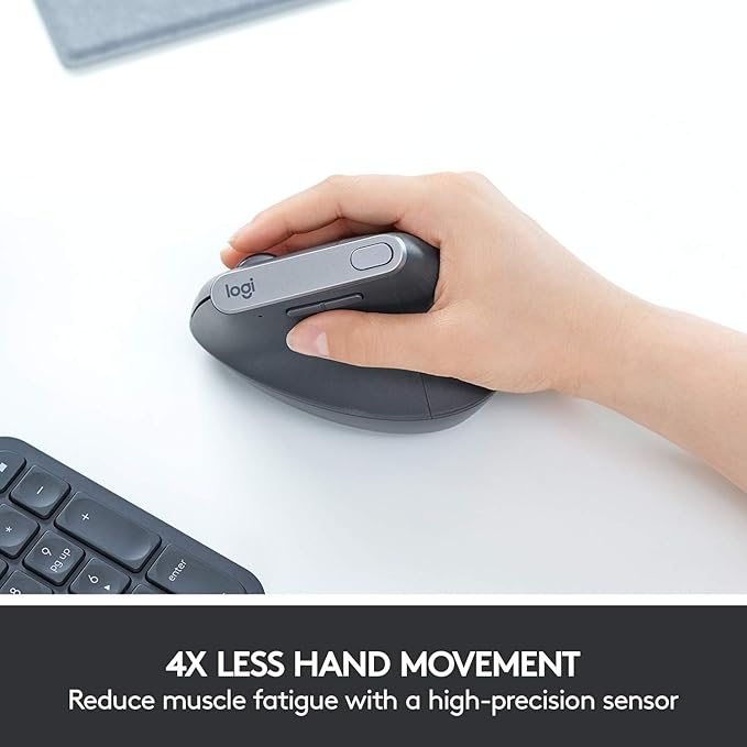 Logitech MX Vertical Wireless Mouse – Ergonomic Design Reduces Muscle Strain, Move Content Between 3 Windows and Apple Computers, Rechargeable, Graphite