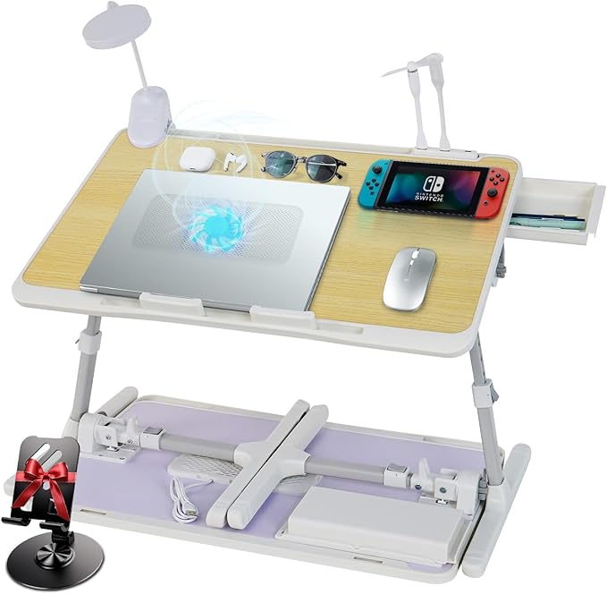 Laptop Lap Desk Include Cooling Fan,Adjustable Lap Desk with Light Fan,Folding Laptop Desk for Bed with USB,Bed Desk with Storage Drawer 56x32cm,White Oak