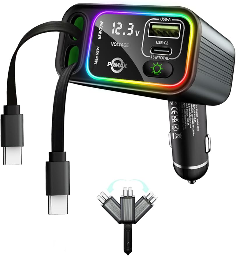 Retractable Car Charger USB C,145W Type C Car Charger Fast Charging with Dual Retractable USB C Cable and USB Ports, Compatible with iPhone 16/15,S25/24/23/22, Pixel 9/8/7