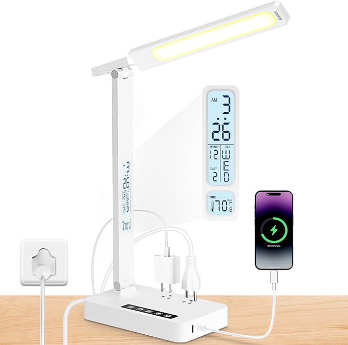 Infiway Desk Lamp with USB Charging Port: LED Desk Lamps for Home Office - 1 Type-C, 1 USB-A Charging Port, 2 AC Power Outlets - Touch Control Dimmable 5 Color 5 Brightness