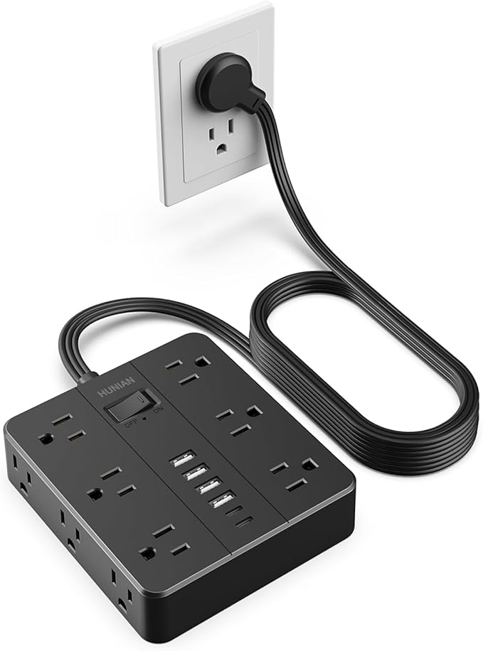 Surge Protector Power Strip 15 Ft Cord, HUNIAN Flat Plug Extension Cord with 12 Widely Spaced Outlets 6 USB Charger (2 USB C Ports), Desk Charging Station for Home Office Supplies, Dorm Room, Black