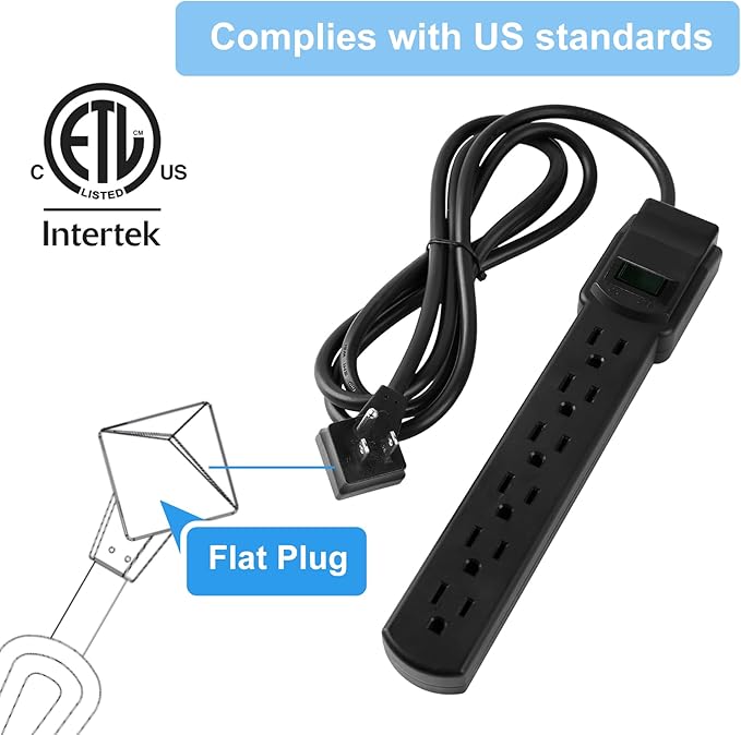 6-Outlet Surge Protector 2pk – 250 Joules, 2ft Cord, 15A/125V, 1875W Max – Right Angle Plug, Black – Home, Office, & Electronics Protection