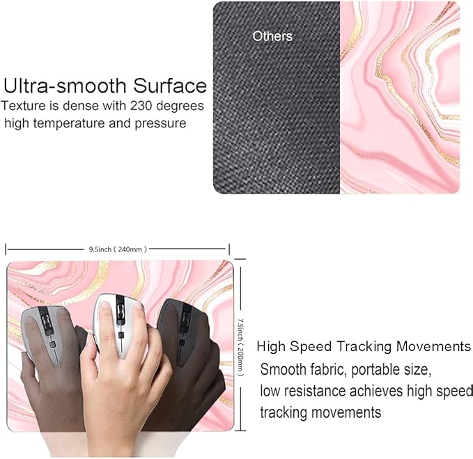 Cute Mouse Pad, Pink Gold Marble Mouse Pad, Square Personalized Mouse Mat with Design, Non-Slip Rubber Base Computer Mousepad for Office Laptop Desk