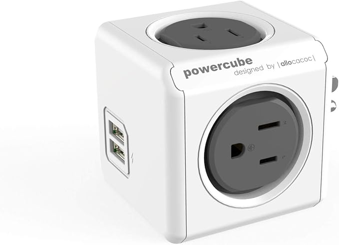 Allocacoc PowerCube Original USB; 4 Outlets Surge Protector 2 USBs Cubic Multi Socket Extender Power Tab Space Saving Compact No Blockage Dorm Home Office125V 15A 1875W Max Grey