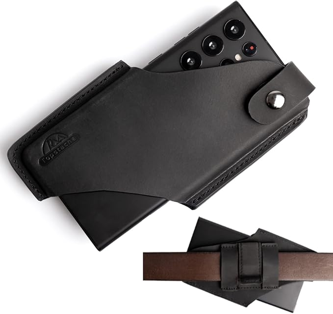 Topstache Leather Belt Phone Holster with Magnetic Closure, Case for iPhone & Samsung, Black, Large