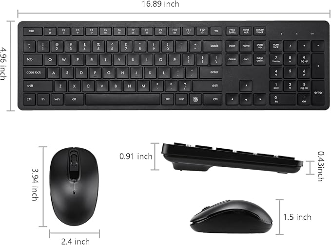 Wireless Keyboard and Mouse Combo, 2.4G Silent Cordless Keyboard Mouse Combo for Windows Chrome Laptop Computer PC Desktop, 106 Keys Full Size with Number Pad, 1600 DPI Optical Mouse (Black)