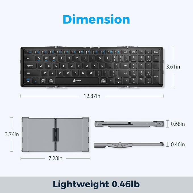 iClever Portable Keyboard, BK09 Foldable Bluetooth Keyboard with Number Pad for Travel and Business Trip, USB-C Rechargeable for Laptop, iPad, iPhone, Sync up to 3 Devices