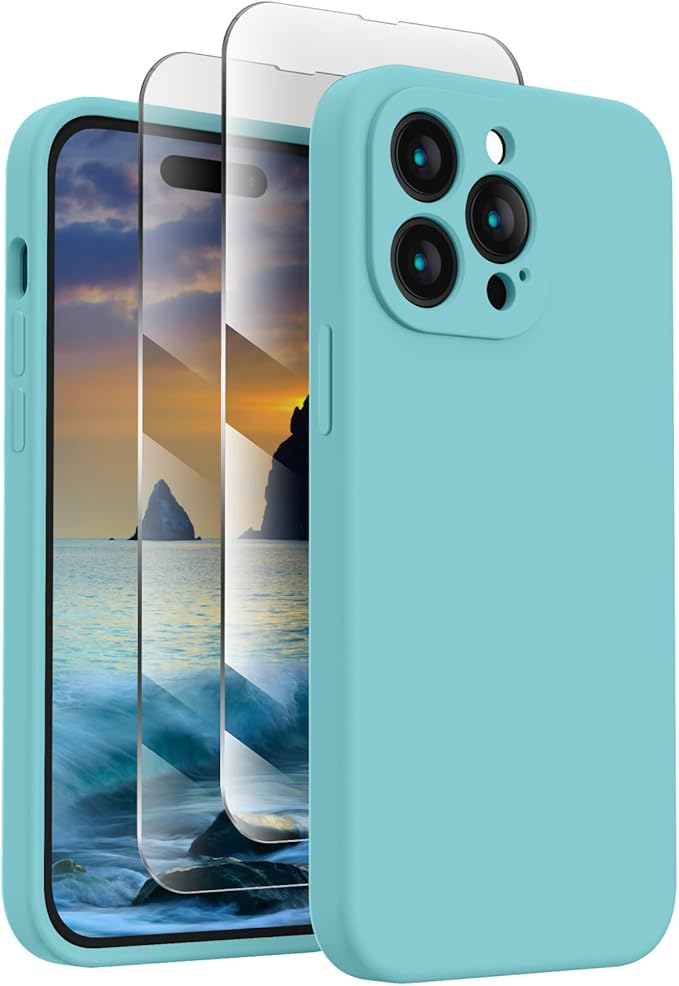 FireNova for iPhone 14 Pro Case, Silicone Upgraded [Camera Protection] Phone Case with [2 Screen Protectors], Soft Anti-Scratch Microfiber Lining Inside, 6.1 inch, Sea Blue