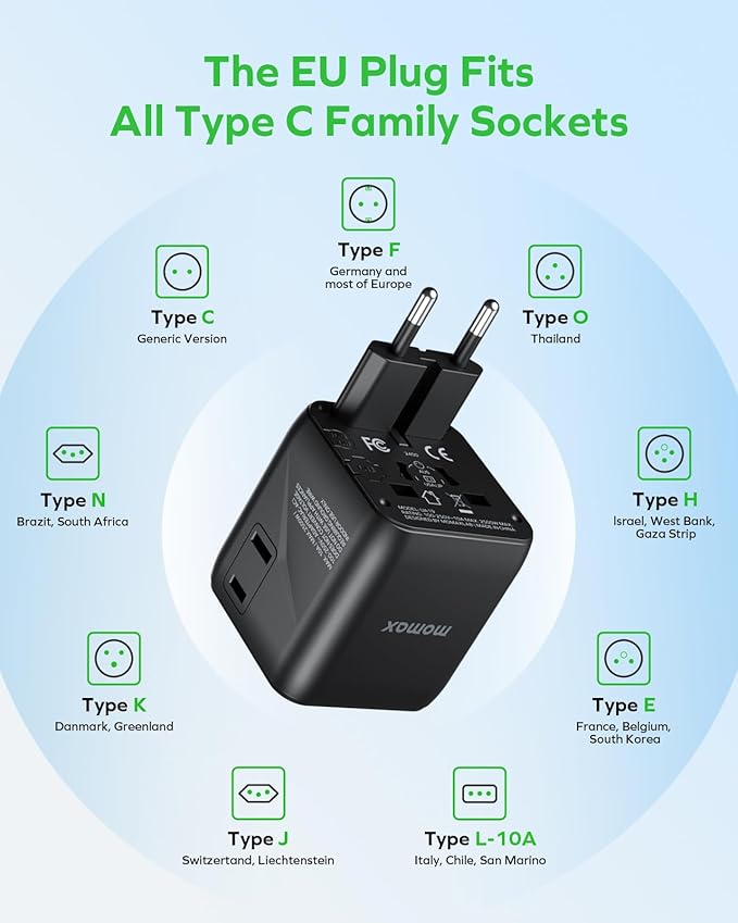 MOMAX Mini Universal Travel Adapter Worldwide, 2 AC, All European Travel Plug Adapter UK, Travel Essentials for US to Europe Adaptor, All-in-One Wall Charger for AUS JP (No USB Port)