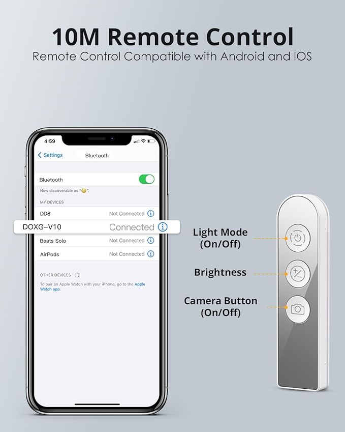 Phone Stand for Recording, Overhead Phone Mount with Light, Selfie Stand,Portable,Extendable,360° Rotate,Adjustable,Wireless Remote,Rechargeable, for 3.5-6.9" Phones, Live Streaming, White
