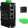 Mini Throncom 4 Ports Gigabit Industrial Fiber Ethernet Solar PoE Switch Hardened with 100/1000M Adaptive SFP Din Rail/Wall Mount VoIP/RV Truck Boost Voltage 9-58V to 48V Max 90W LNK-IMC103GP-SFP