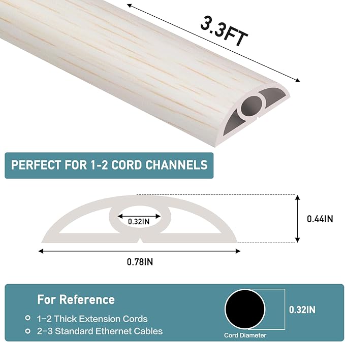 Floor Cord Cover Self Adhesive Cord Hider Floor Extension Cord Covers for Floor Power Cord Protector Cable Management Prevent Cable Trips Cable Cavity 0.32" W x 0.32" H (Beige Wood, 3.3Ft)