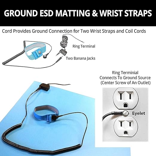 RubberStat Dual Layer ESD Compliant Workstation Rubber Table Mat Kit, Soldering, Cell Phone Repair, with Wrist Strap Set and Ground Cord - 36"x48" Grey