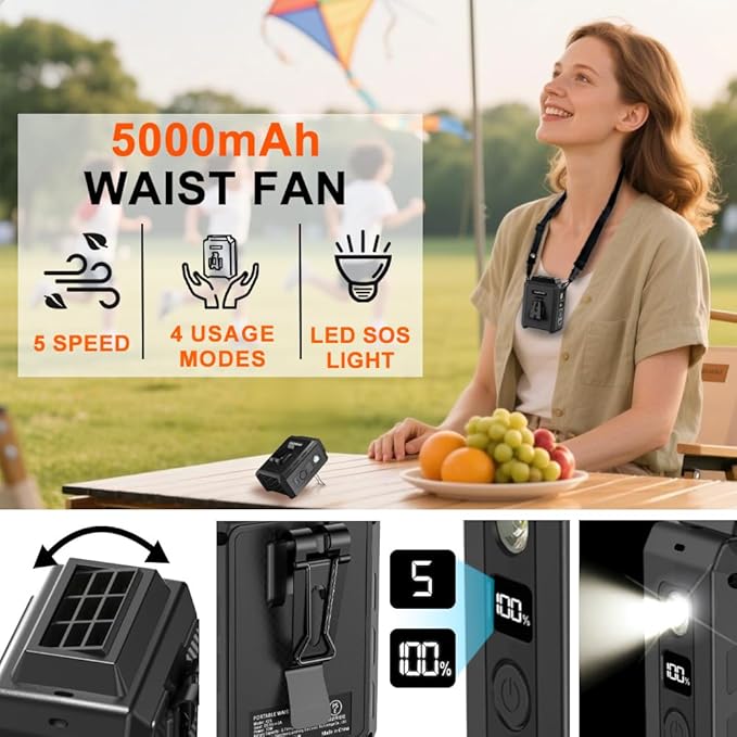 CAZOKASI Personal Waist Clip Fan Rechargeable Wearable Hand Free Wearable Cooler Fan for Traveling Working Outdoor Office (5000mAh / Black)