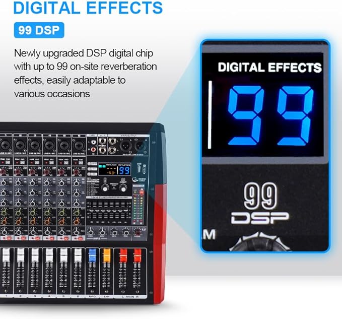 TF600 6-Channel Professional Mixer with Bluetooth Sound Bar with Power Amplifier 2 * 450W Power Output Powered Mixer, 7-Stage Equalizer, 99 DSP Effects, Recording Input USB Drive for Speakers
