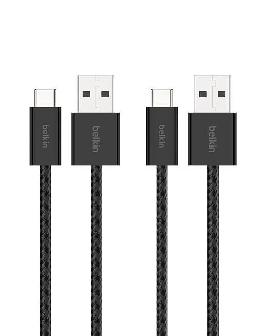 Belkin USB A to USB C Cable 2-Pack, 3.3ft, 15W - Type C Charger, iPhone Charger Cord, Soft, Braided, Flexible for iPhone 16 & 15, Galaxy S25, Pixel 9, iPad Pro, Airpods Pro, Switch & More - Black