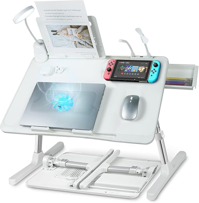 Laptop Lap Desk with Cooling Fan - Adjustable with Light, USB, Storage Drawer - Folding Bed Desk,23.62"*15.74",White