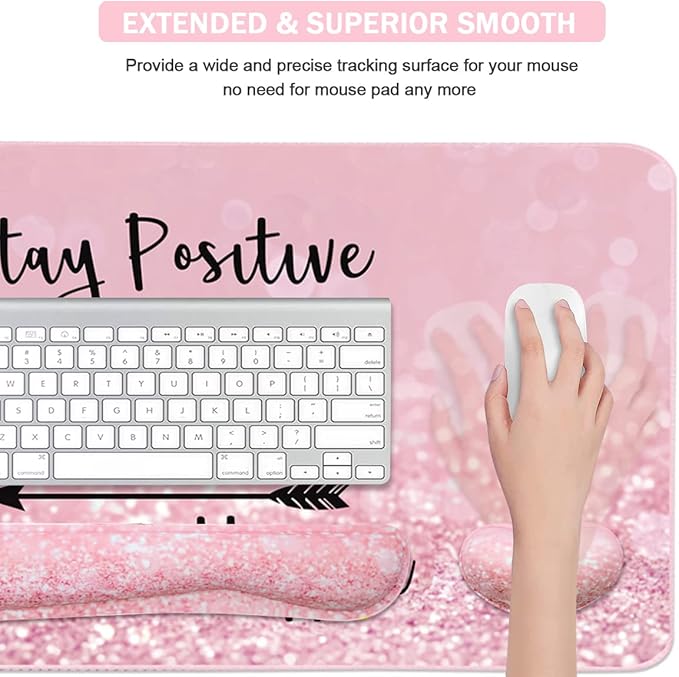 Large Mouse Pad and Keyboard Wrist Rest, Desk Pad for Keyboard and Mouse, 4-in-1 Large Gaming Mouse Pad with Wrist Support, Desk Mat for Home Office Study Game-Pink Stay Positive
