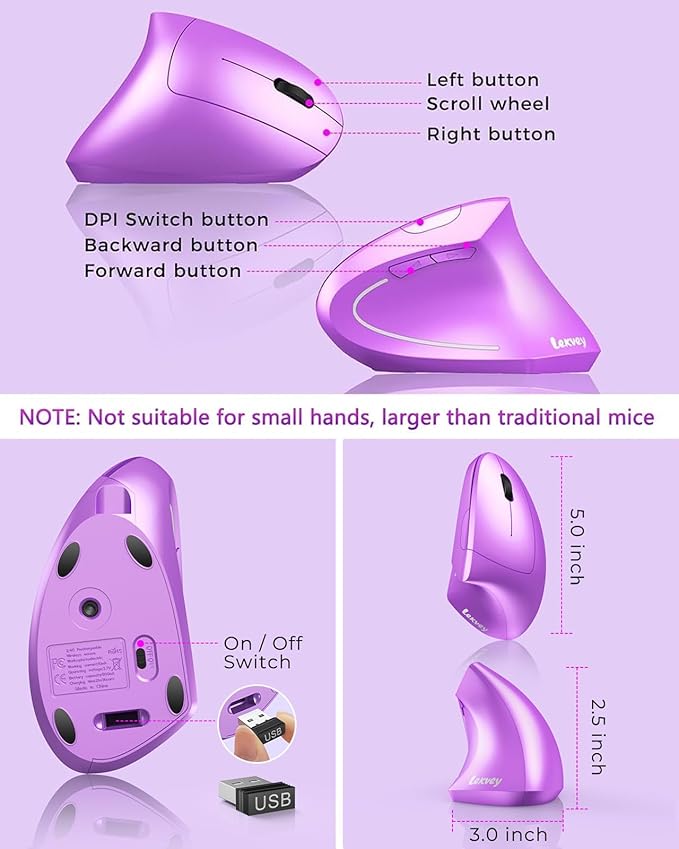 Lekvey Ergonomic Mouse, Wireless Vertical Mouse Rechargeable 2.4 GHz Optical Carpal Tunnel Mice : 800/1200 / 1600 DPI, 6 Buttons, for Laptop, PC, Computer, Desktop, Notebook etc, Purple