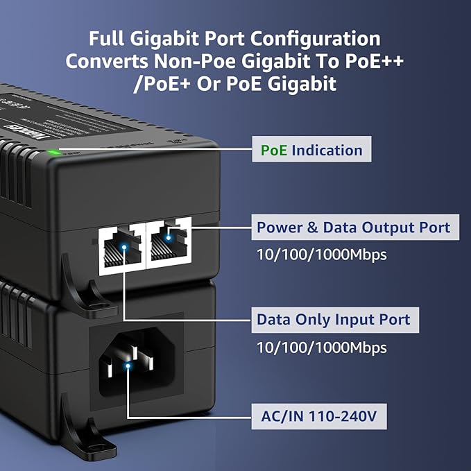 YuanLey Gigabit PoE Injector 60W, PoE++ Injector Converts Non-PoE to PoE++ Network, IEEE 802.3at/af, 10/100/1000Mbps PoE Adapter, Distances Up to 325 Feet, Plug & Play, Wall-Mounted