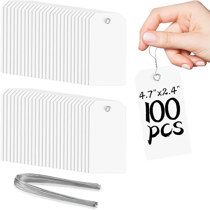 100 White Tags with String - Large Plastic Tags with Reinforced Hole for Price Machines Parts Luggage Garage Inventory (4 3/4" x 2 3/8")