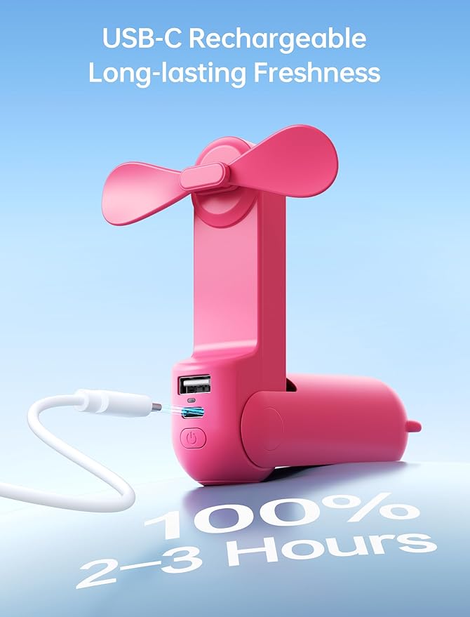 JISULIFE Handheld Mini Fan, 3 IN 1 USB Rechargeable Portable Fan [12-19 Working Hours] with Power Bank, Flashlight, Pocket Design for Travel/Summer/Concerts/Lash, Gifts for Women (Fuchsia)