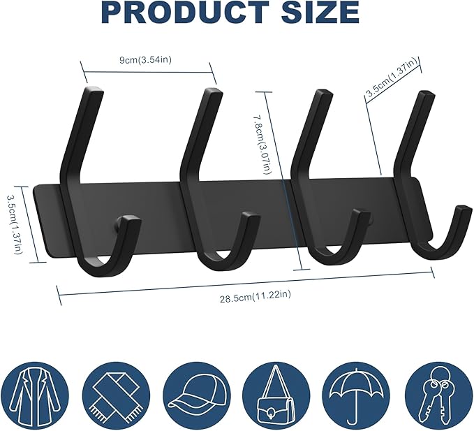 VAEHOLD Wall Hooks, Heavy Duty Aluminum Towel Hooks for Hanging Coat, Hat, Key, Clothes, Closet Hook Wall Mount for Kitchen, Bathroom, Office (“C“ Shape Coat 4 Hooks 1 Pack)