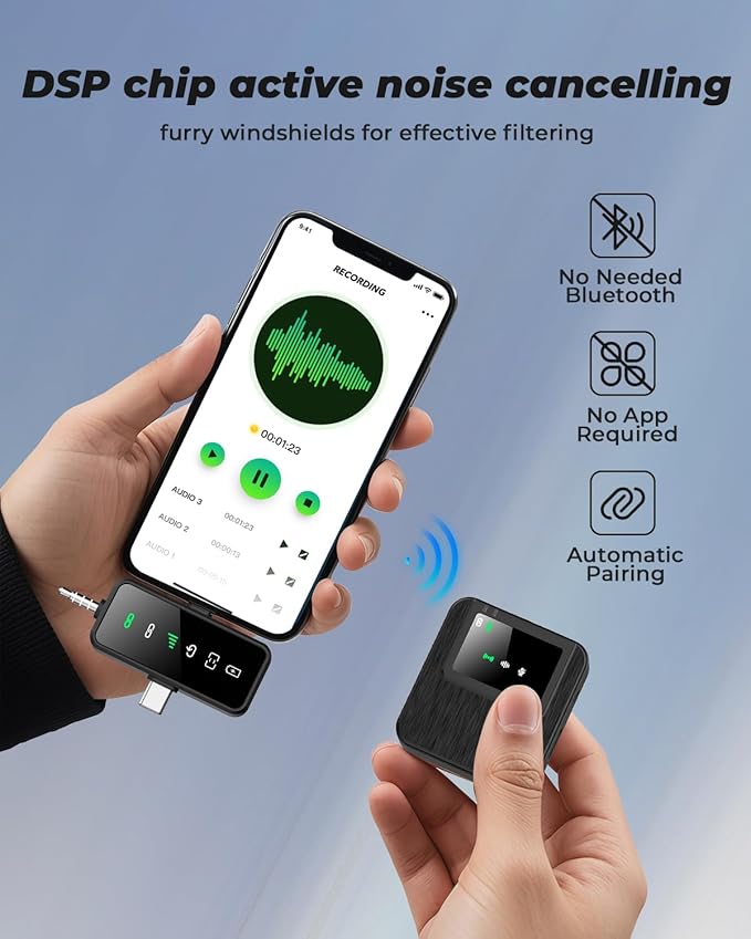 3-in-1 Mini Microphone for iPhone, Android, Camera - 328ft Long Range, 20H Battery Life, Wireless Microphones, Lapel Mic with AI Noise Reduction for Video Recording, YouTube, TikTok