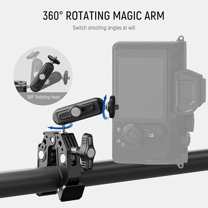 NEEWER Super Clamp Magic Arm Camera Mount with Phone Holder Action Cam Adapter Ball Heads 1/4" Threads Cold Shoe Cleaning Cloth Compatible with SmallRig GoPro for Desk Tripod Crossbar Gimbal Rod, ST83