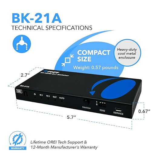 OREI 8K HDMI 2.1 Switch 4K@120hz Switcher 2 in 1 Out, with Audio Extraction 48Gbps Bandwidth, Ideal for Gaming and Streaming (BK-21A)
