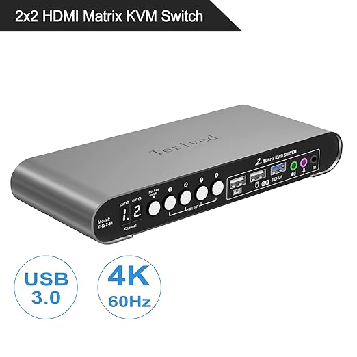 2 Computers 2 HDMI Monitors Matrix Automatic KVM Switch 4K@60Hz, Hotkey Switching, EDID, Digital Display and Aluminum Shell, USB 3.0 Hub Audio Microphone with Cables
