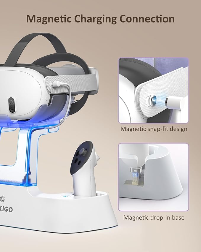 NexiGo Enhanced Charging Dock for Meta Quest 3 and 3S, with LED Light [On/Off], [Support Elite Strap with Battery], Headset Display Holder and Controller Mount, Rechargeable Batteries, White